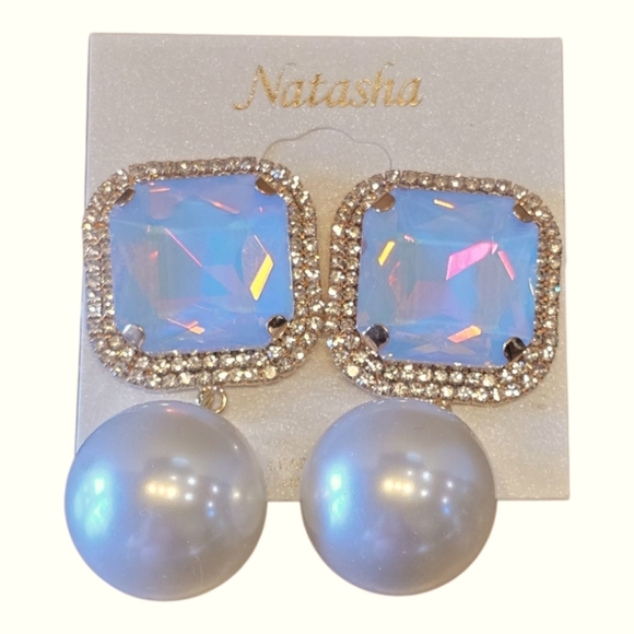 Natasha Bluish Pink Square Glass Crystal Faux Pearl Drop Goldtone Earrings - Picture 3 of 6